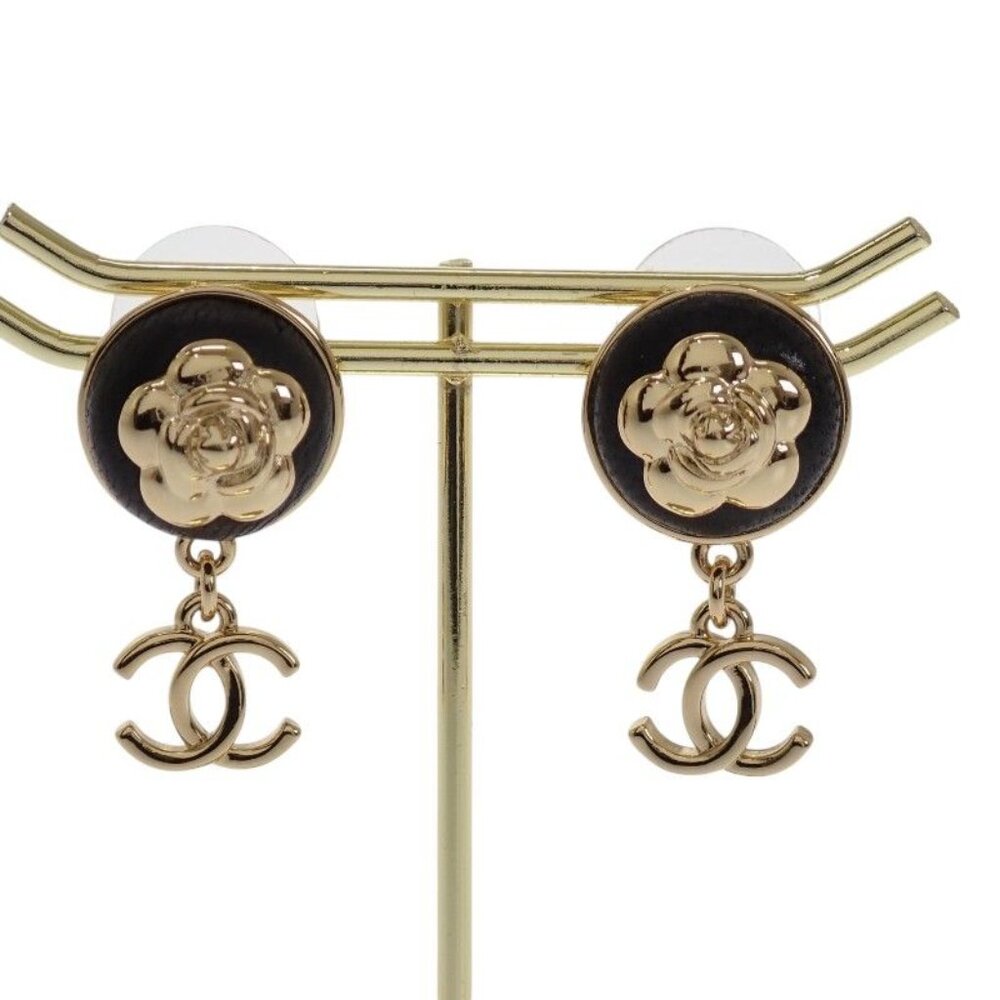 Chanel CC Camellia CC Logo Earrings Metal Leather Gold Black